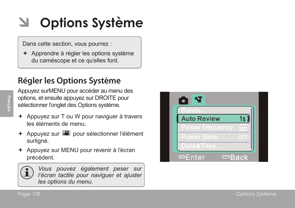 Options système, Régler les options système | COBY SNAPP CAM4505 User Manual | Page 178 / 214