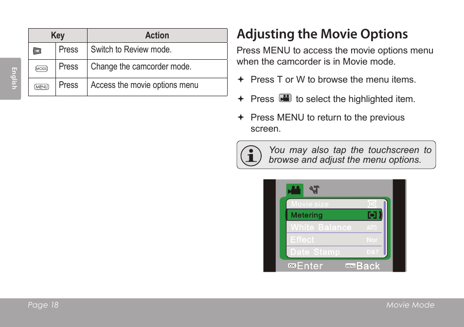 Adjusting the movie options | COBY SNAPP CAM4505 User Manual | Page 18 / 214