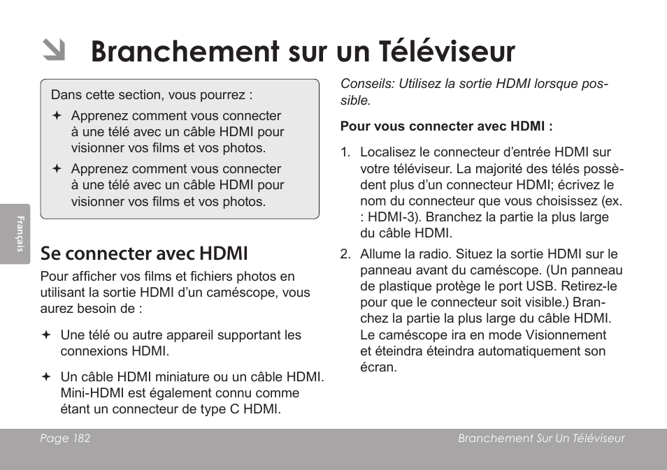 Branchement sur un téléviseur, Se connecter avec hdmi | COBY SNAPP CAM4505 User Manual | Page 182 / 214