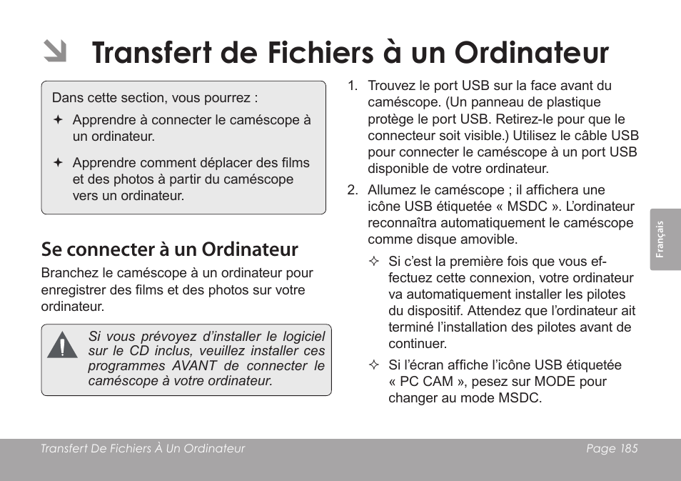 Transfert de fichiers à un ordinateur, Se connecter à un ordinateur | COBY SNAPP CAM4505 User Manual | Page 185 / 214