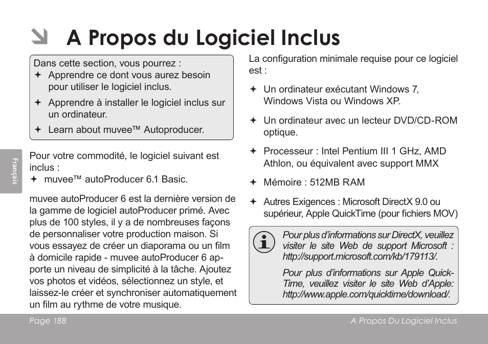 A propos du logiciel inclus | COBY SNAPP CAM4505 User Manual | Page 188 / 214