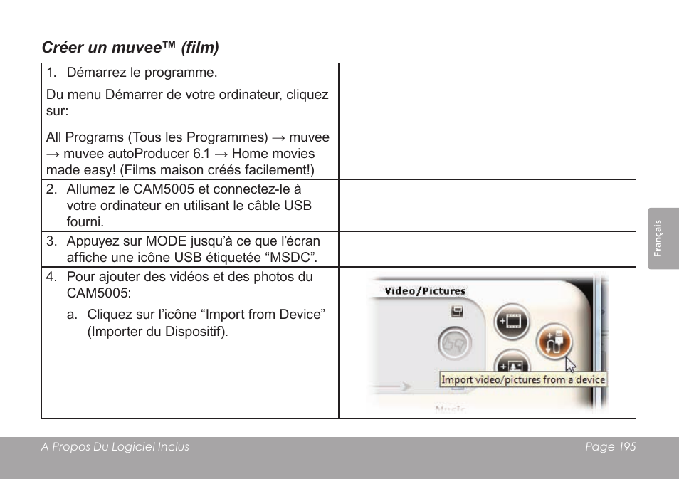 Créer un muvee™ (film) | COBY SNAPP CAM4505 User Manual | Page 195 / 214