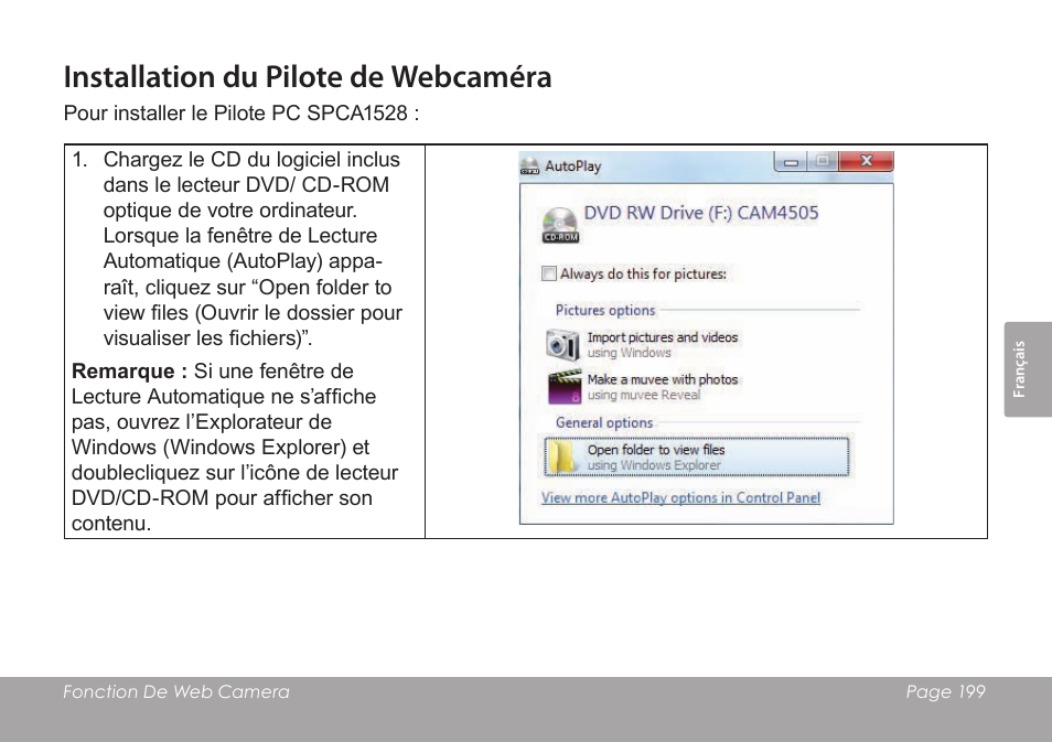Installation du pilote de webcaméra | COBY SNAPP CAM4505 User Manual | Page 199 / 214