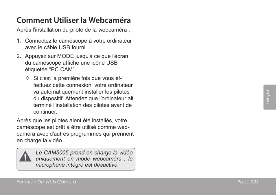 Comment utiliser la webcaméra | COBY SNAPP CAM4505 User Manual | Page 203 / 214