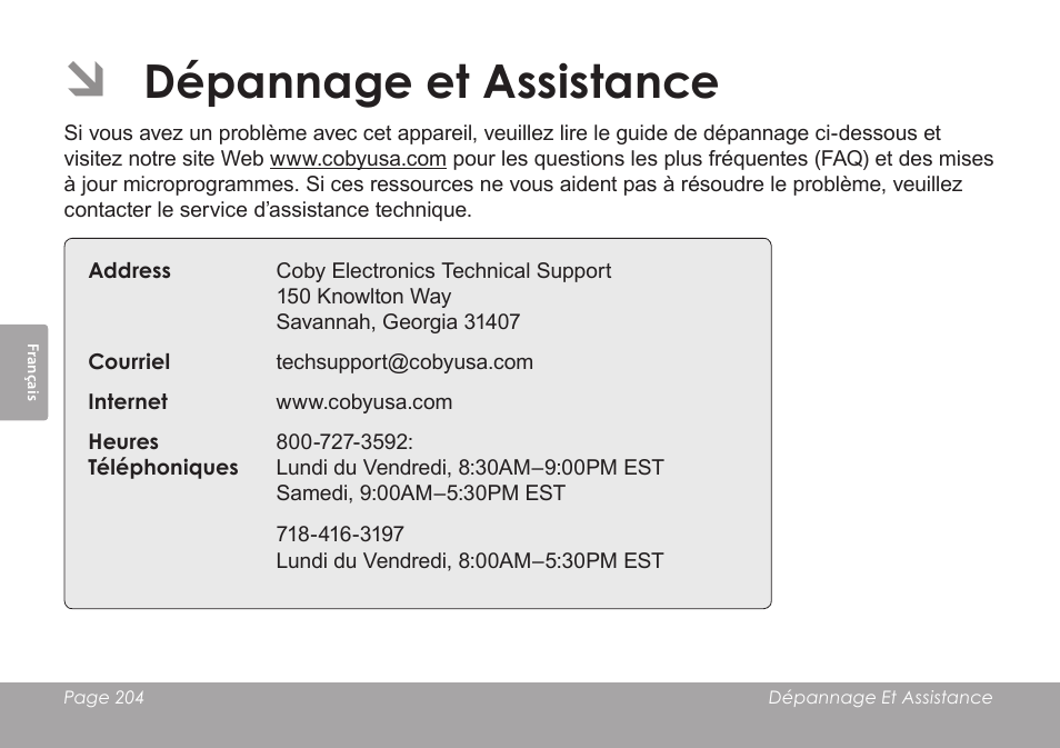 Dépannage et assistance | COBY SNAPP CAM4505 User Manual | Page 204 / 214