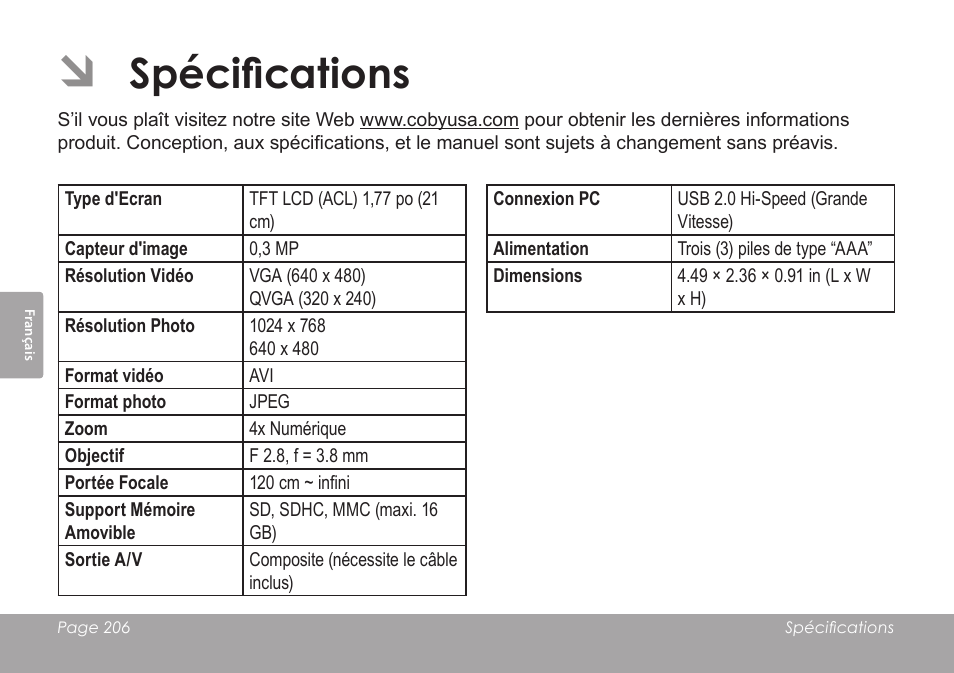 Spécifications | COBY SNAPP CAM4505 User Manual | Page 206 / 214