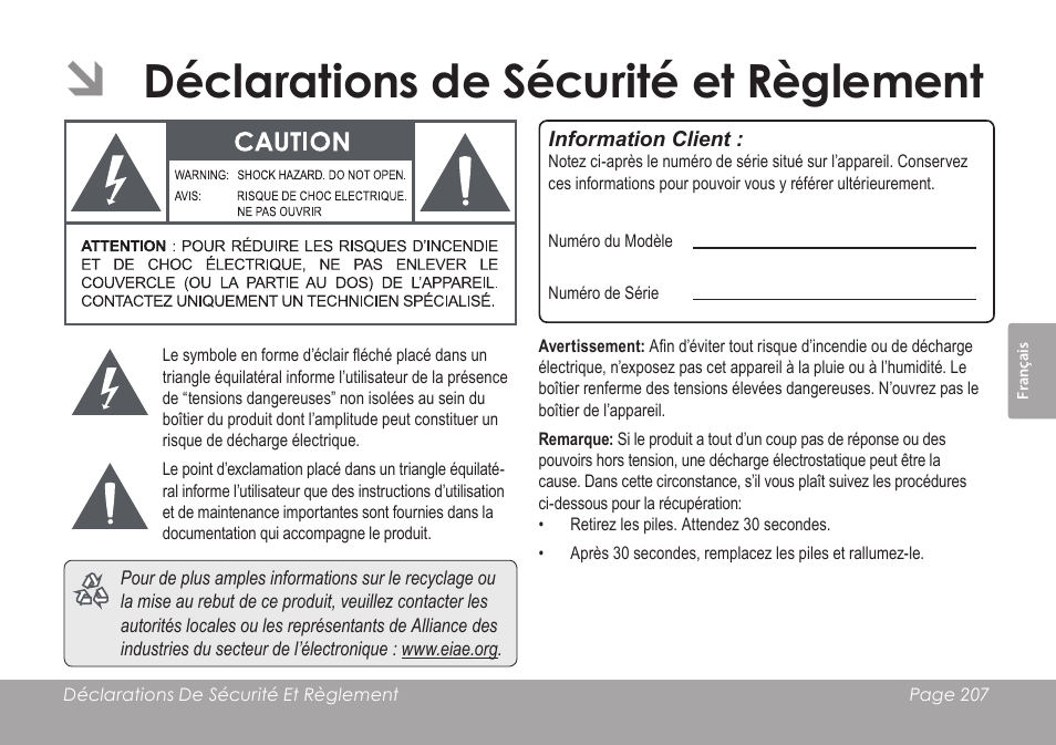 Déclarations de sécurité et règlement | COBY SNAPP CAM4505 User Manual | Page 207 / 214