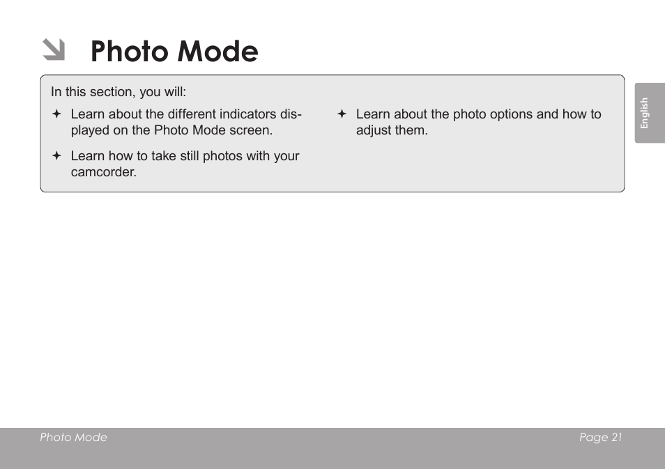 Photo mode | COBY SNAPP CAM4505 User Manual | Page 21 / 214