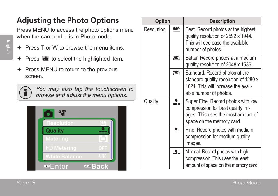 Adjusting the photo options | COBY SNAPP CAM4505 User Manual | Page 26 / 214