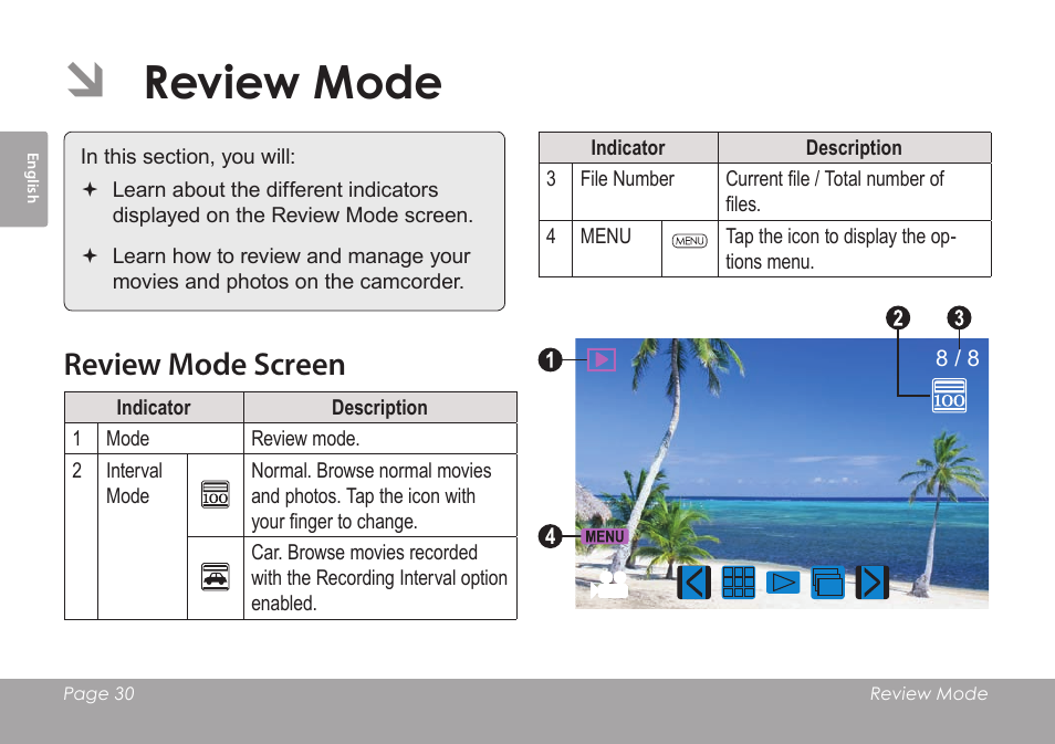 Review mode, Review mode screen | COBY SNAPP CAM4505 User Manual | Page 30 / 214