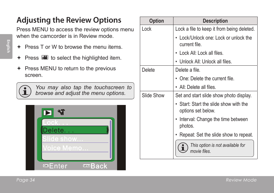 Adjusting the review options | COBY SNAPP CAM4505 User Manual | Page 34 / 214