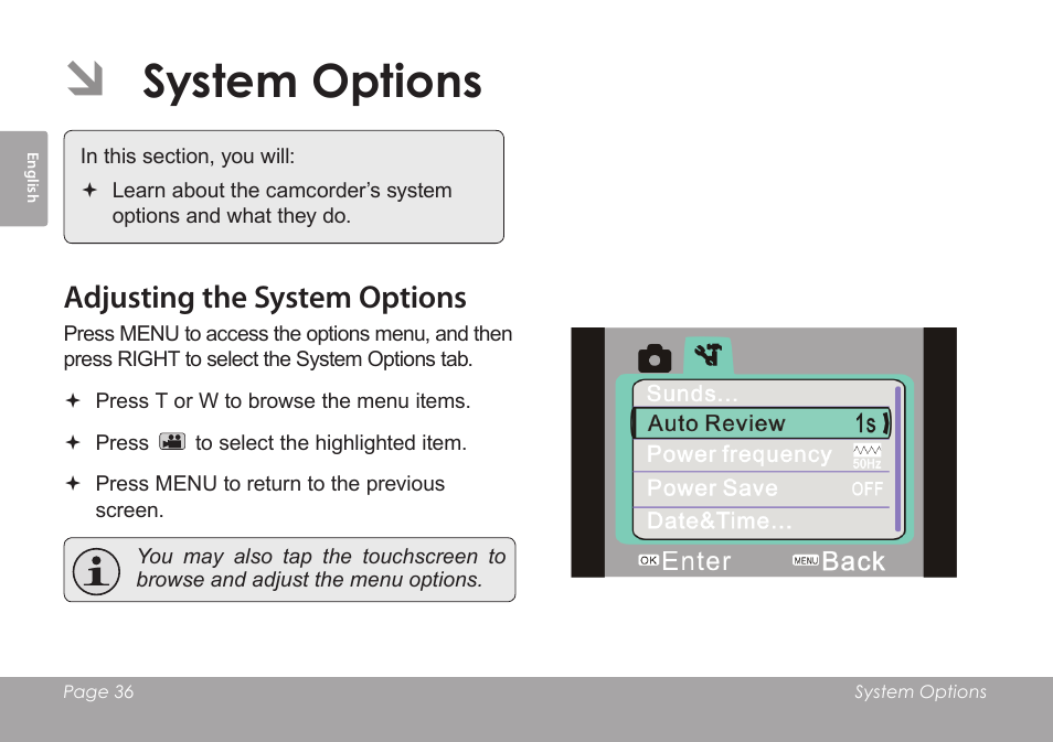 System options, Adjusting the system options | COBY SNAPP CAM4505 User Manual | Page 36 / 214