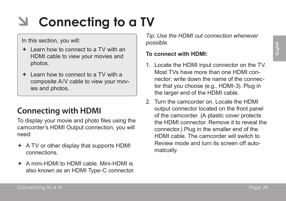 Connecting to a tv, Connecting with hdmi | COBY SNAPP CAM4505 User Manual | Page 39 / 214