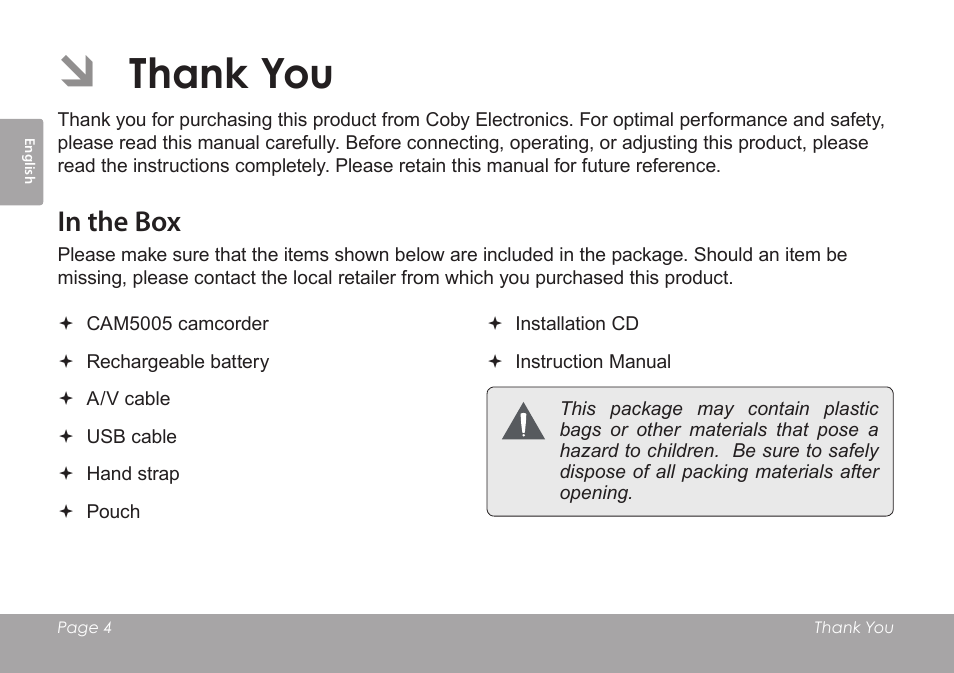 Thank you, In the box | COBY SNAPP CAM4505 User Manual | Page 4 / 214