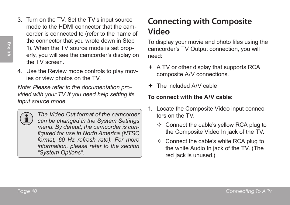 Connecting with composite video | COBY SNAPP CAM4505 User Manual | Page 40 / 214