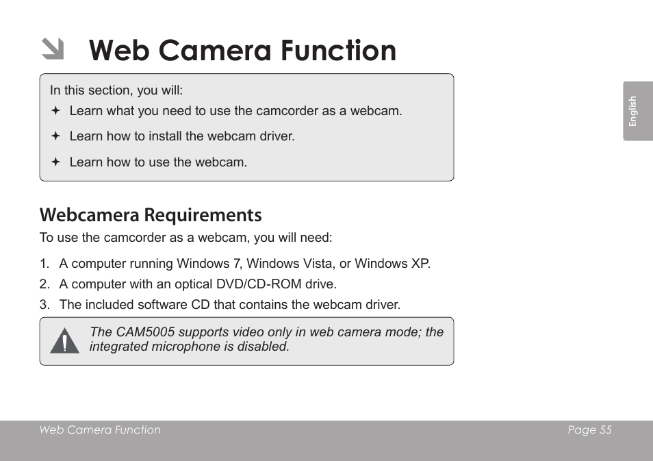Web camera function, Webcamera requirements | COBY SNAPP CAM4505 User Manual | Page 55 / 214