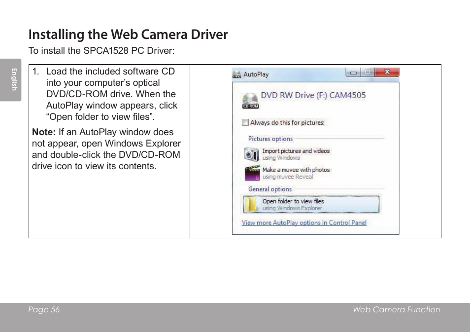 Installing the web camera driver | COBY SNAPP CAM4505 User Manual | Page 56 / 214