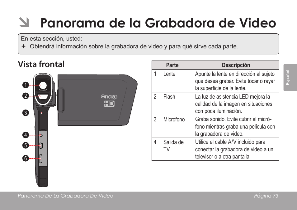 Panorama de la grabadora de video, Vista frontal | COBY SNAPP CAM4505 User Manual | Page 73 / 214