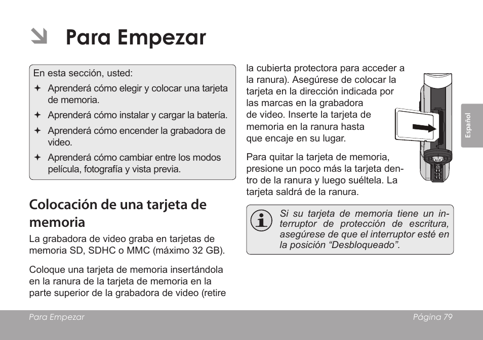 Para empezar, Colocación de una tarjeta de memoria | COBY SNAPP CAM4505 User Manual | Page 79 / 214