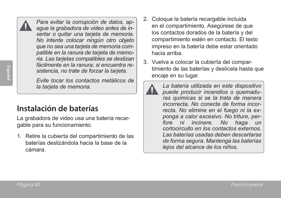 Instalación de baterías | COBY SNAPP CAM4505 User Manual | Page 80 / 214