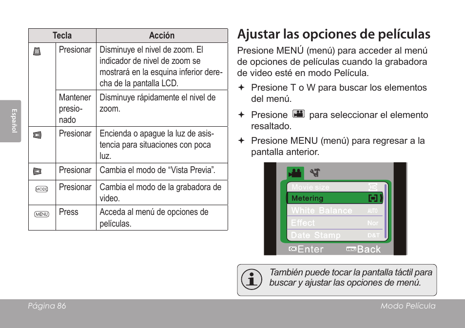Ajustar las opciones de películas | COBY SNAPP CAM4505 User Manual | Page 86 / 214