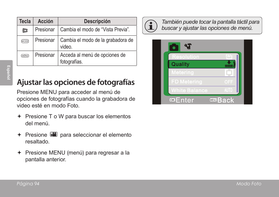 Ajustar las opciones de fotografías | COBY SNAPP CAM4505 User Manual | Page 94 / 214
