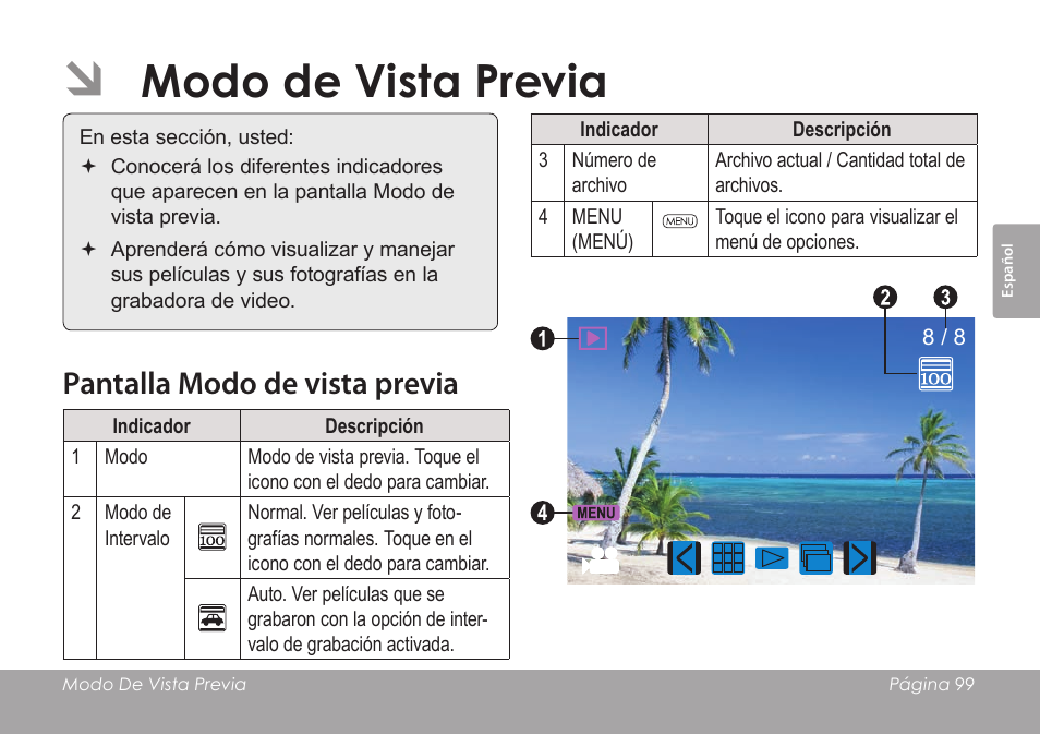 Modo de vista previa, Pantalla modo de vista previa | COBY SNAPP CAM4505 User Manual | Page 99 / 214