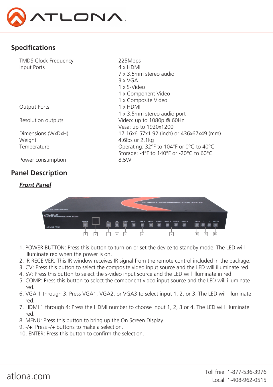 Panel description specifications | Atlona AT LINE PRO4 GEN2 User Manual | Page 4 / 14