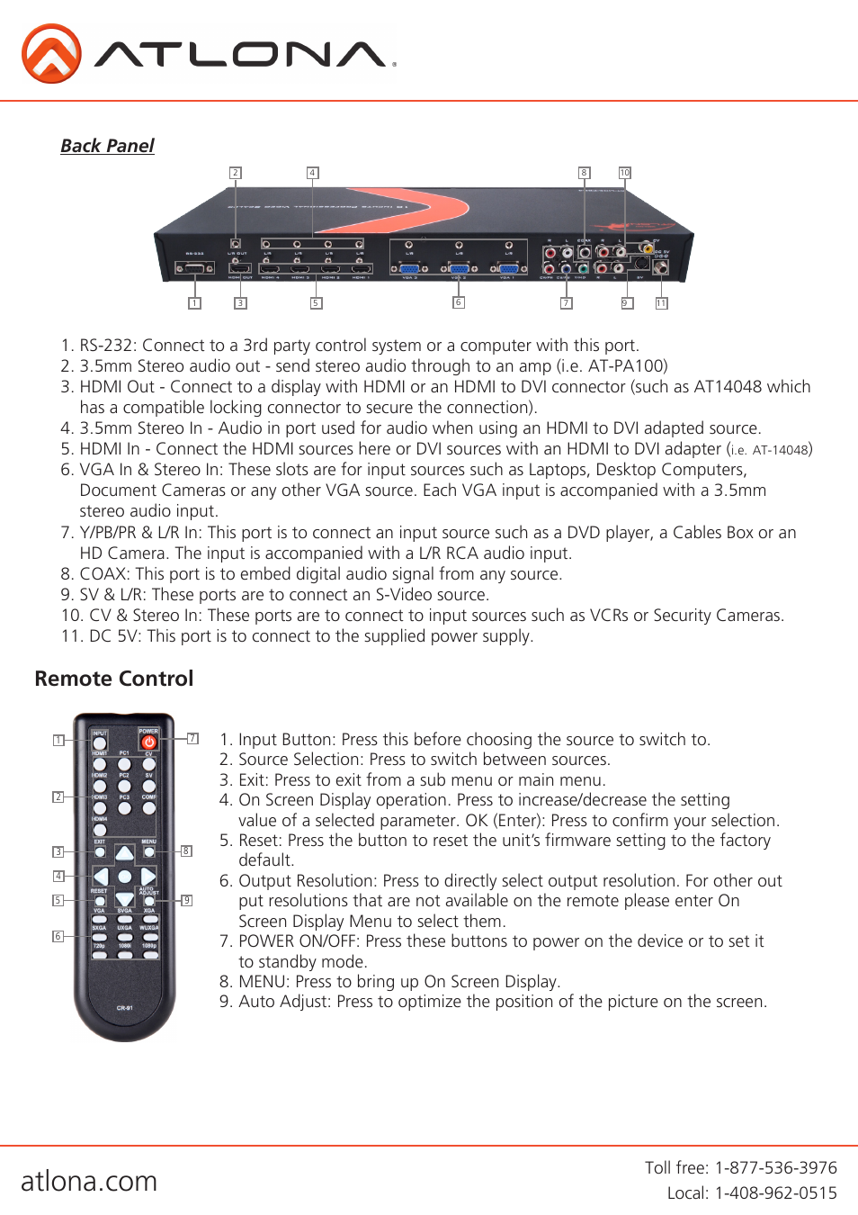 Remote control, Back panel | Atlona AT LINE PRO4 GEN2 User Manual | Page 5 / 14