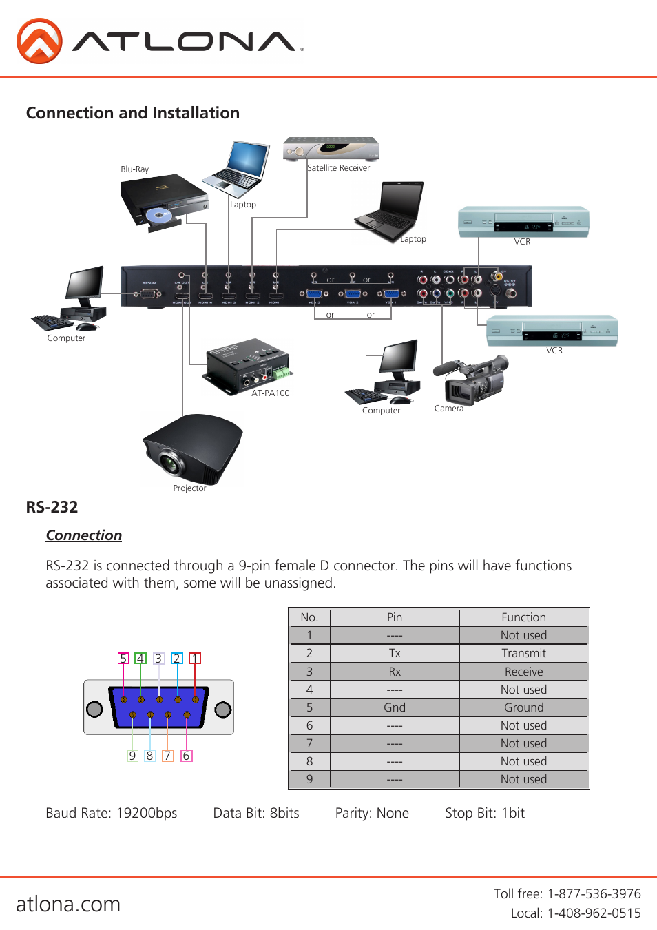 Rs-232, Connection and installation | Atlona AT LINE PRO4 GEN2 User Manual | Page 7 / 14