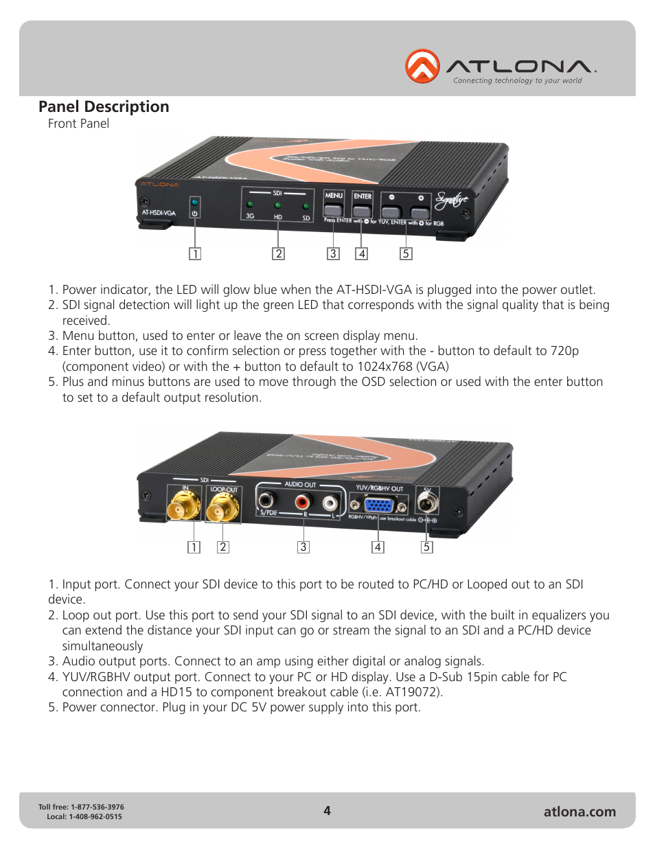 Panel description | Atlona AT HSDI VGA User Manual | Page 4 / 10