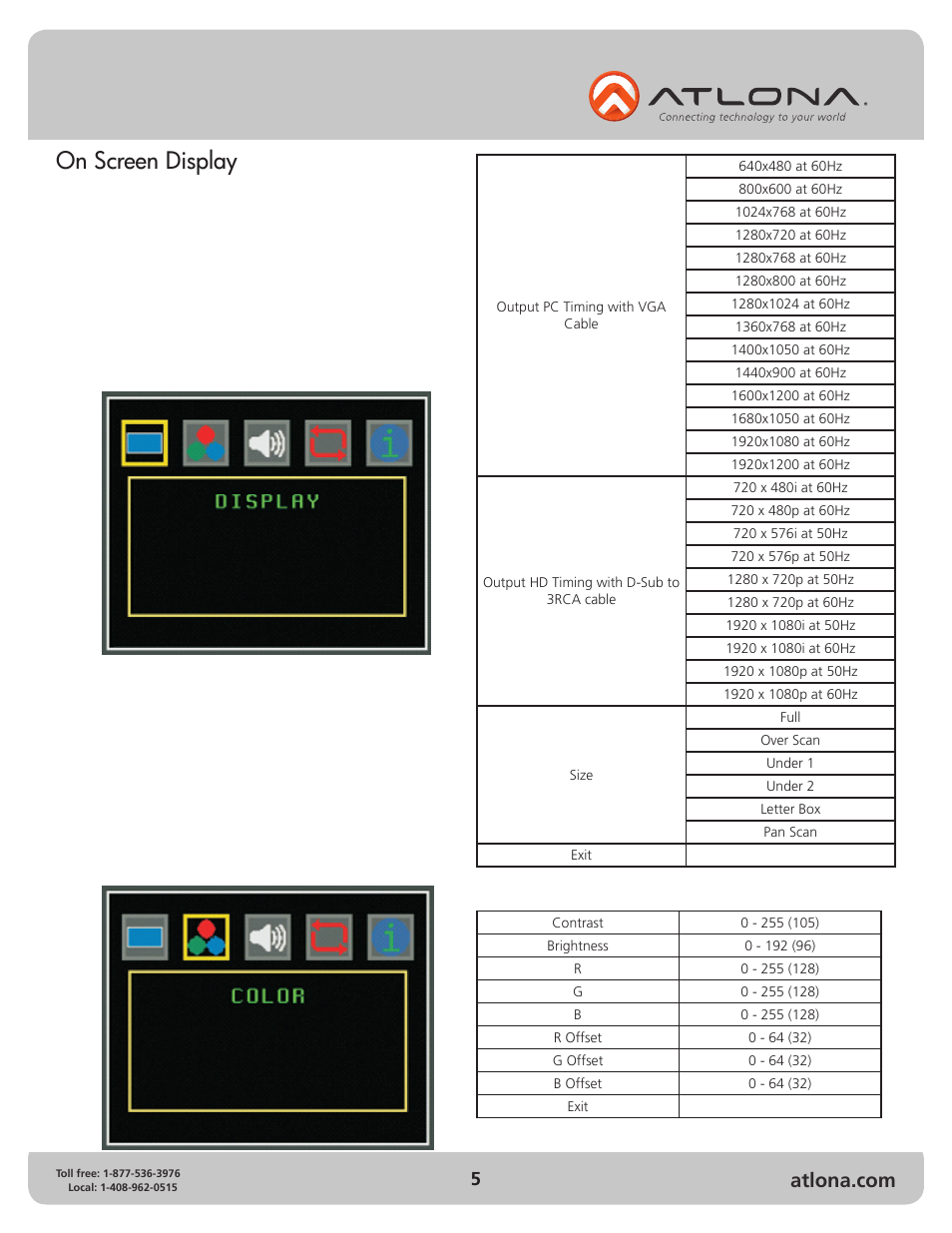 On screen display | Atlona AT HSDI VGA User Manual | Page 5 / 10