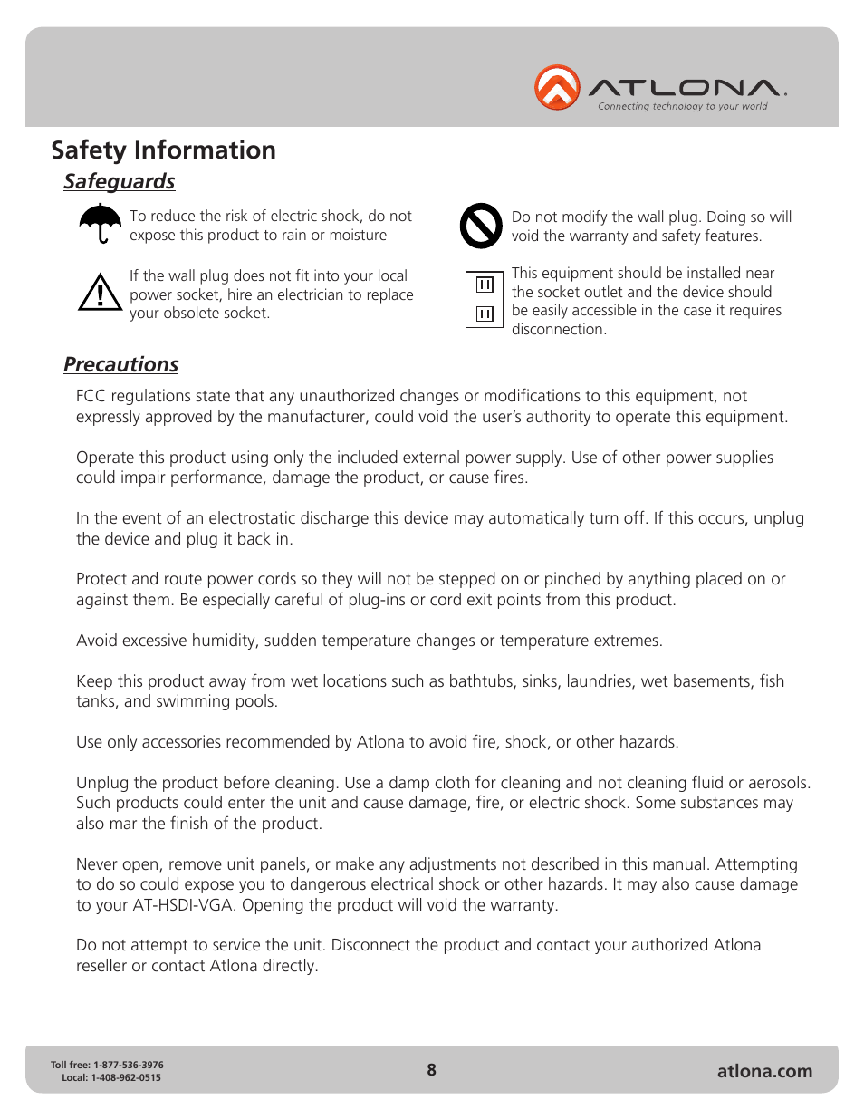 Safety information, Safeguards precautions | Atlona AT HSDI VGA User Manual | Page 8 / 10