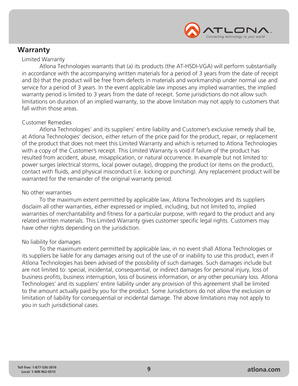 Warranty | Atlona AT HSDI VGA User Manual | Page 9 / 10