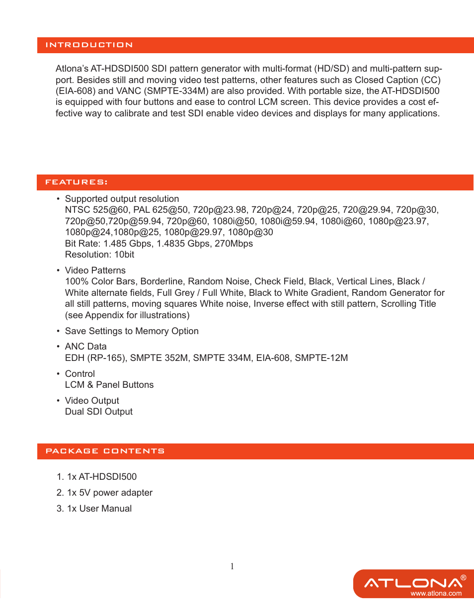 Atlona AT HDSDI500 User Manual | Page 3 / 12