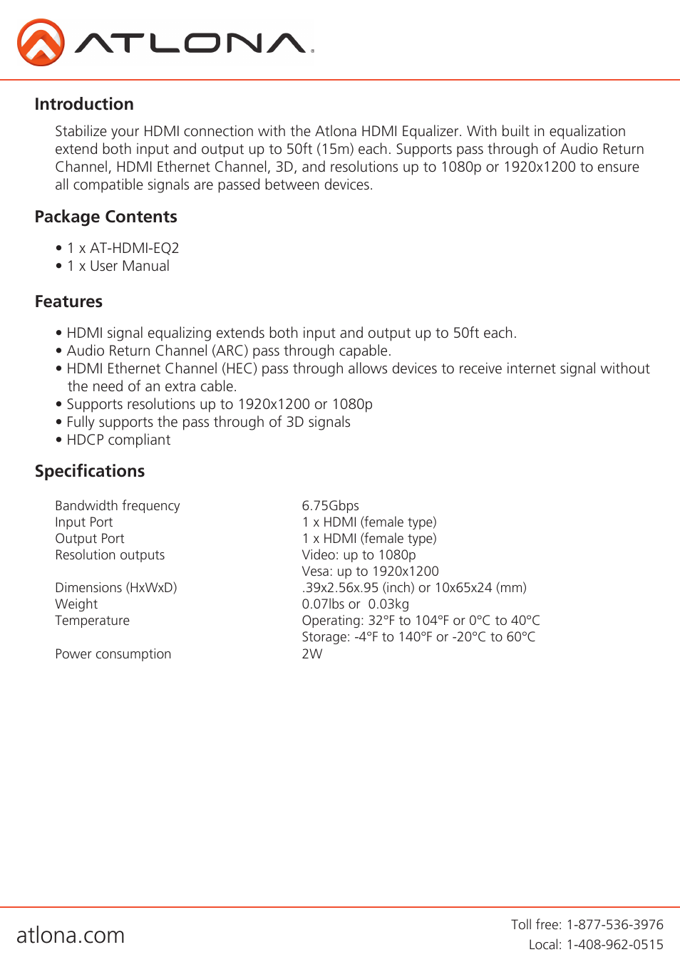 Introduction, Package contents features, Specifications | Atlona AT HDMI EQ2 User Manual | Page 3 / 7