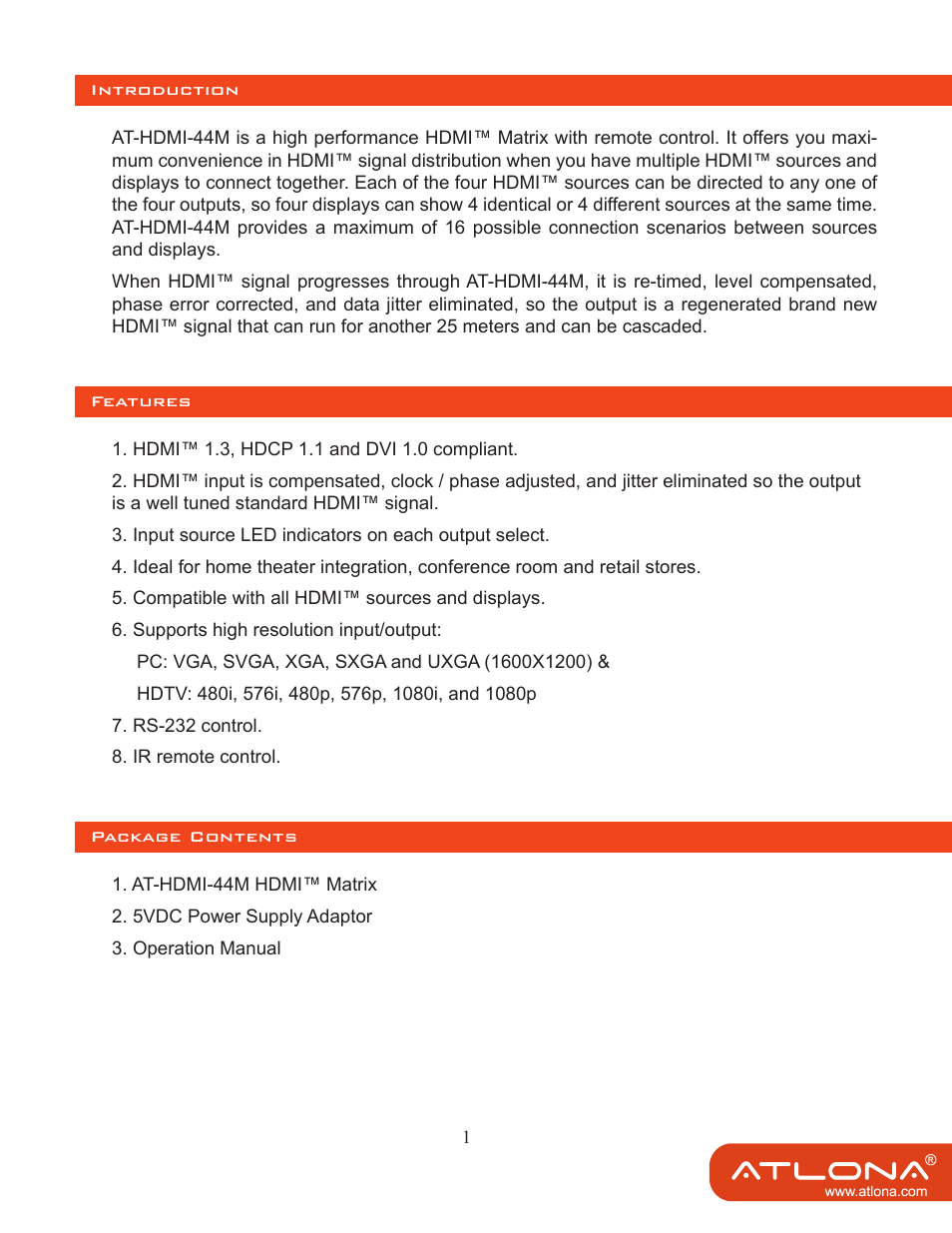 Atlona AT HDMI 44M User Manual | Page 3 / 9