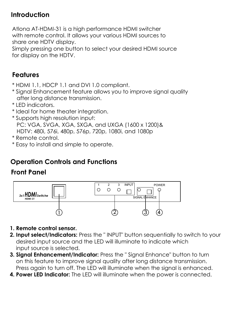 Introduction, Features, Operation controls and functions front panel | Hdmi | Atlona AT HDMI 31 User Manual | Page 2 / 4