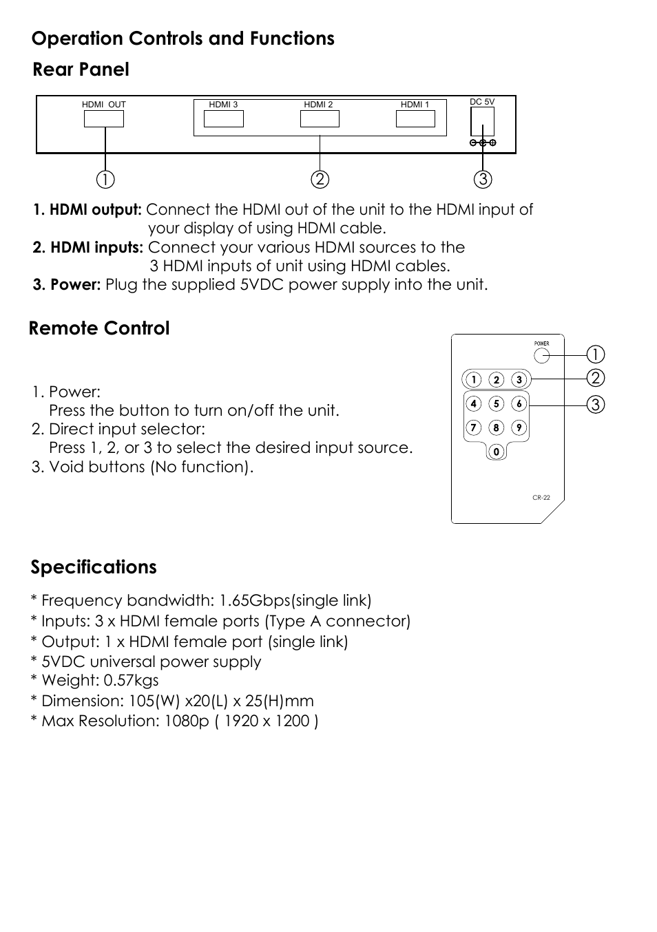 Operation controls and functions rear panel, Remote control, Specifications | Atlona AT HDMI 31 User Manual | Page 3 / 4