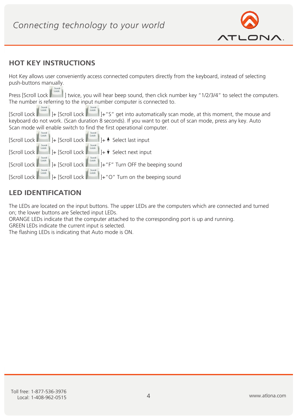 Hot key instructions led identification | Atlona AT HDKVM User Manual | Page 5 / 9