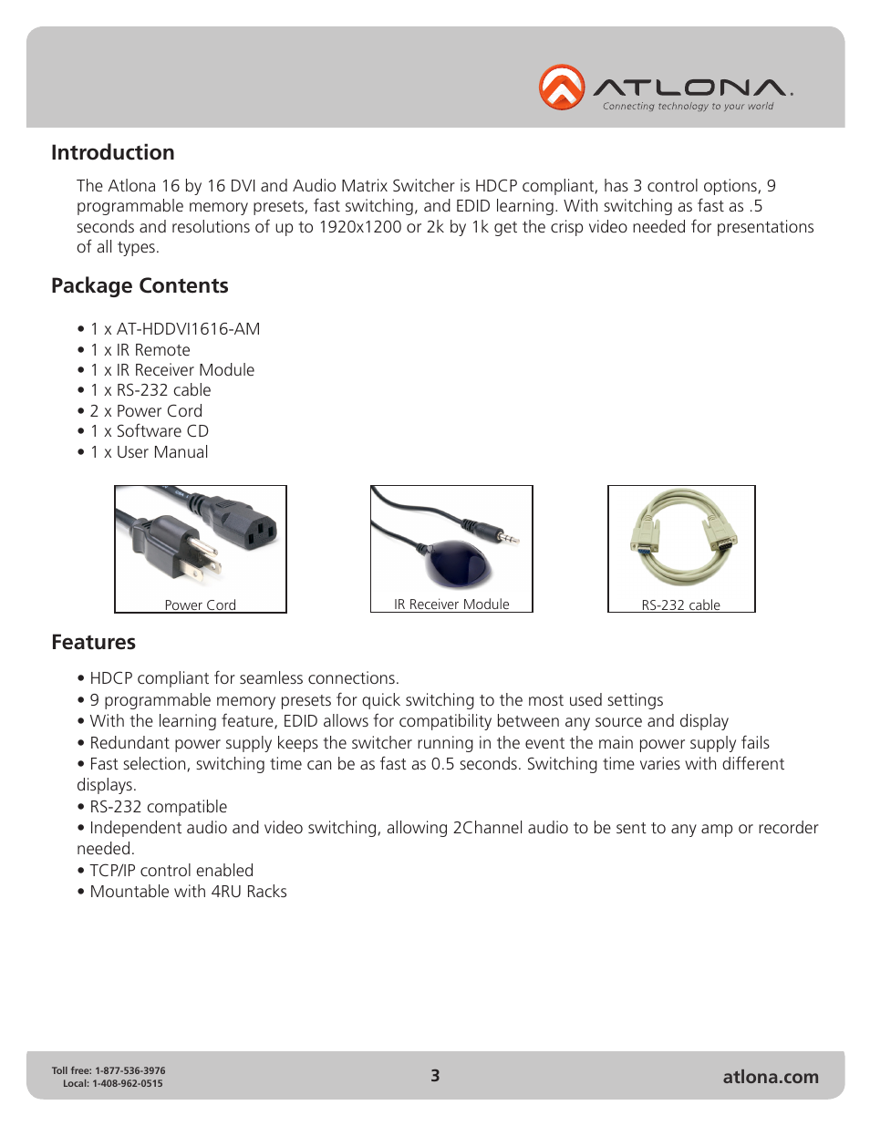 Introduction, Package contents features | Atlona AT HDDVI1616 AM User Manual | Page 3 / 15