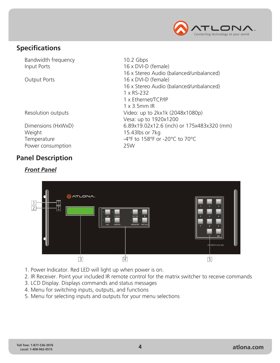 Panel description specifications | Atlona AT HDDVI1616 AM User Manual | Page 4 / 15
