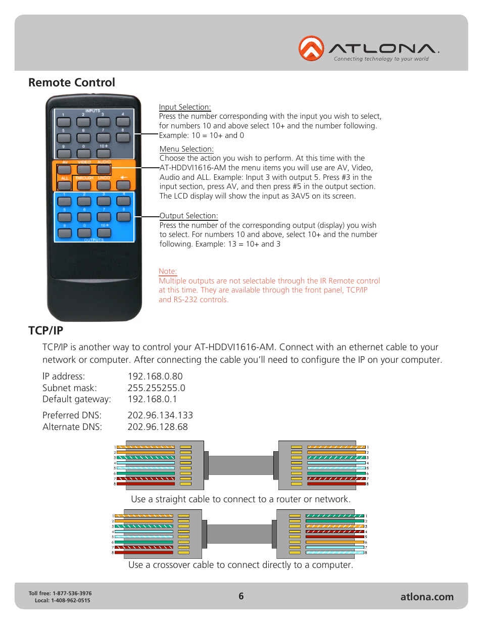 Remote control, Tcp/ip | Atlona AT HDDVI1616 AM User Manual | Page 6 / 15