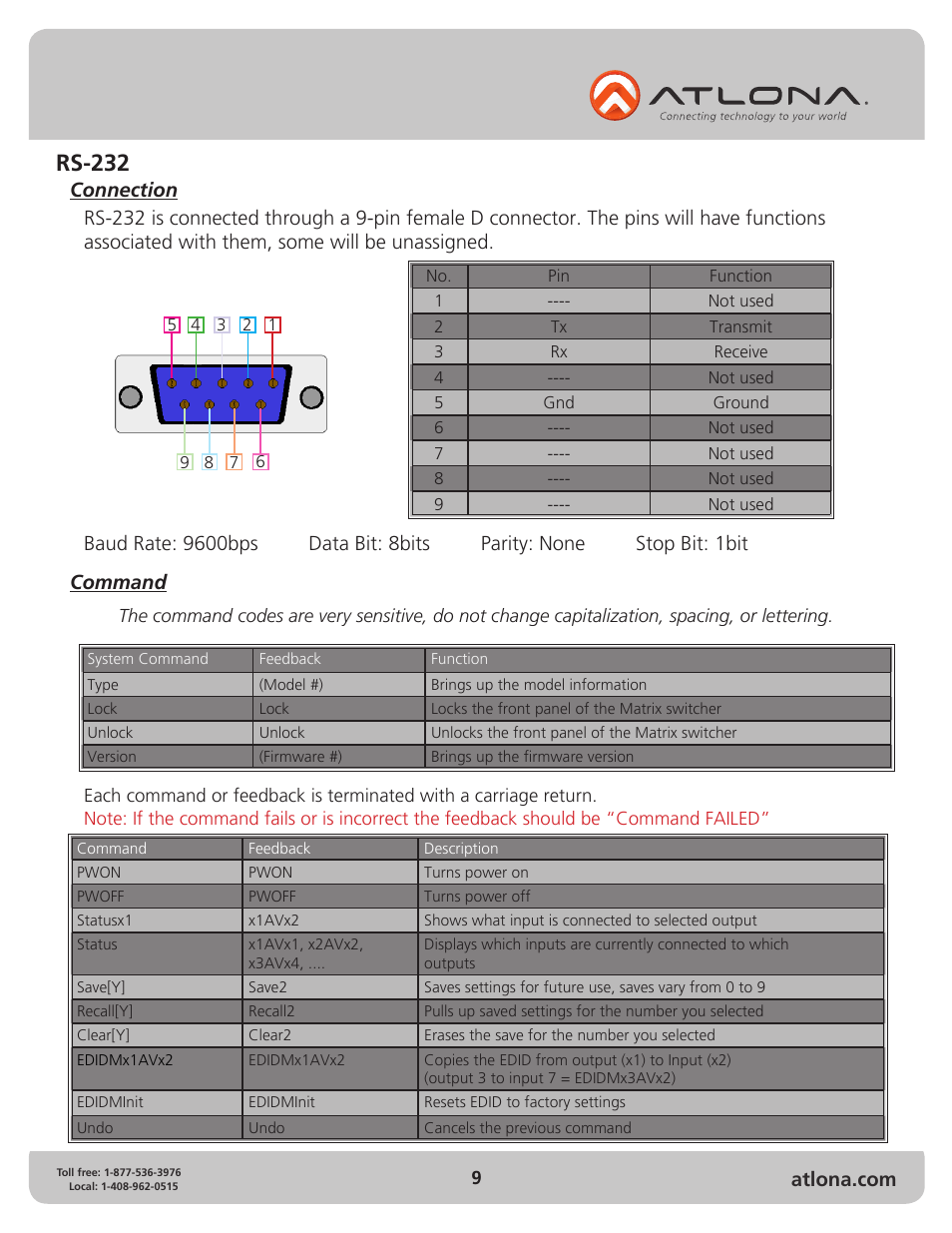 Rs-232, Command | Atlona AT HDDVI1616 AM User Manual | Page 9 / 15