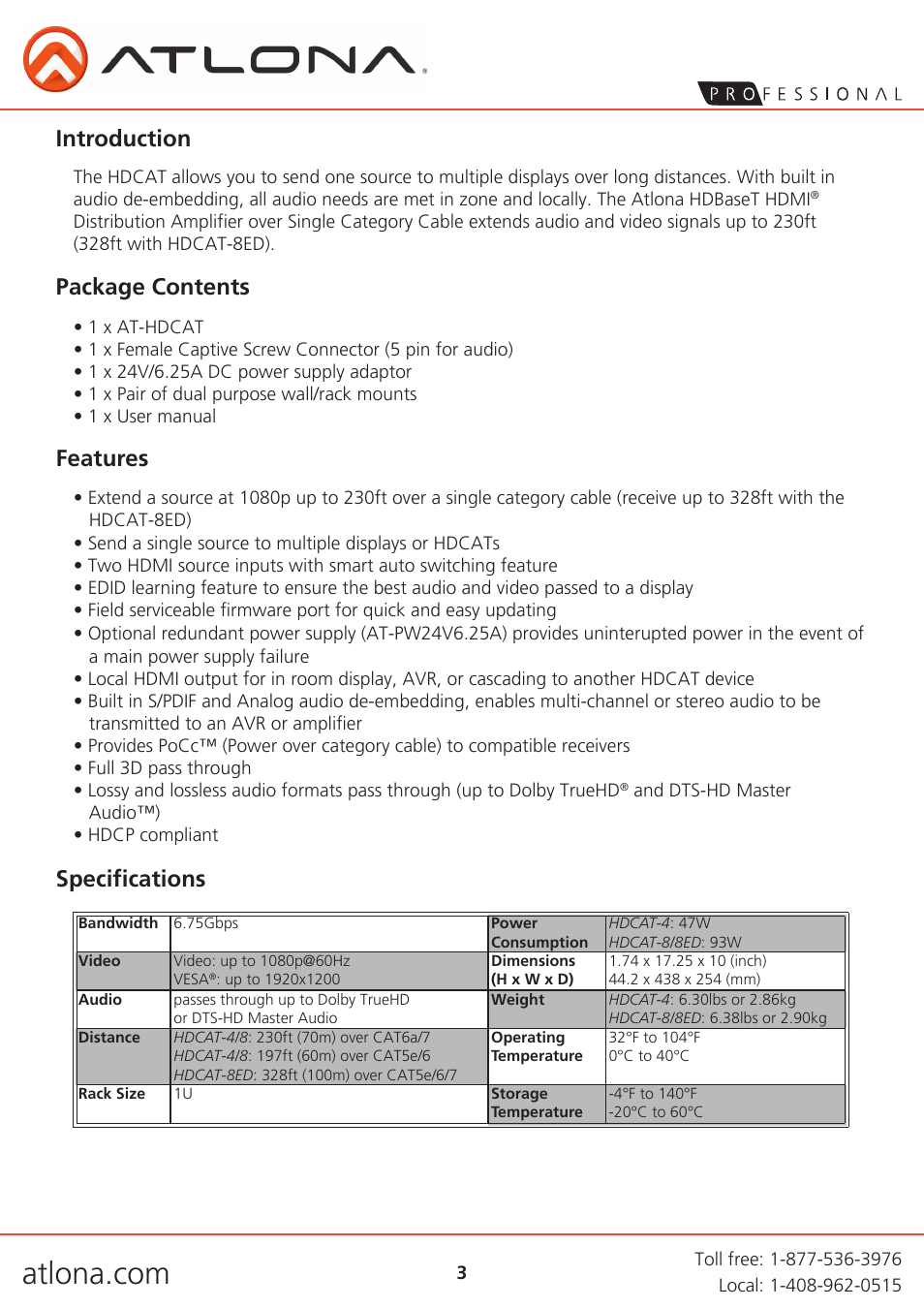 Introduction, Package contents features, Specifications | Atlona AT HDCAT User Manual | Page 3 / 10