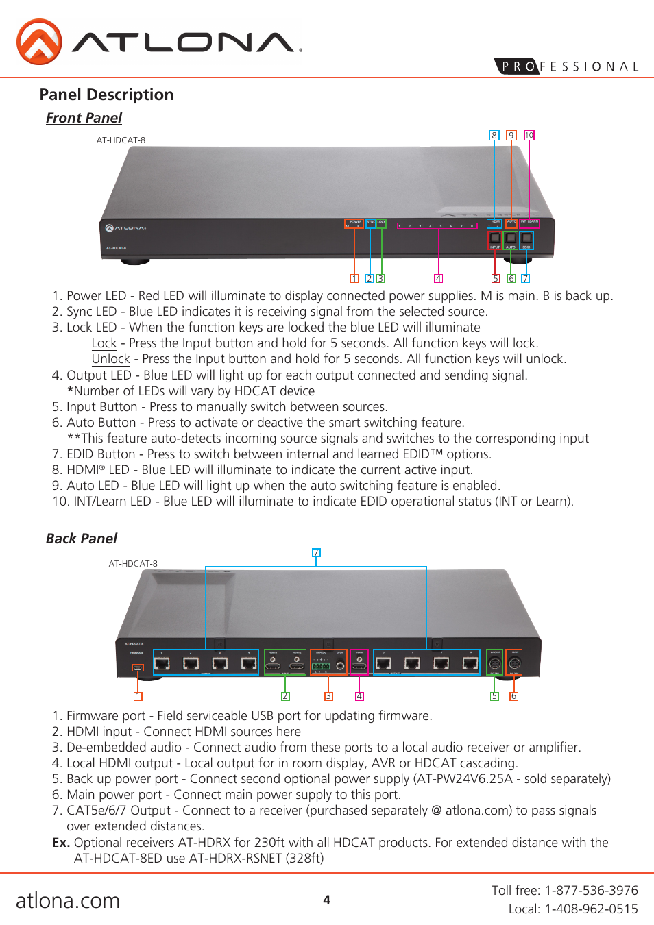 Panel description, Front panel, Back panel | Atlona AT HDCAT User Manual | Page 4 / 10