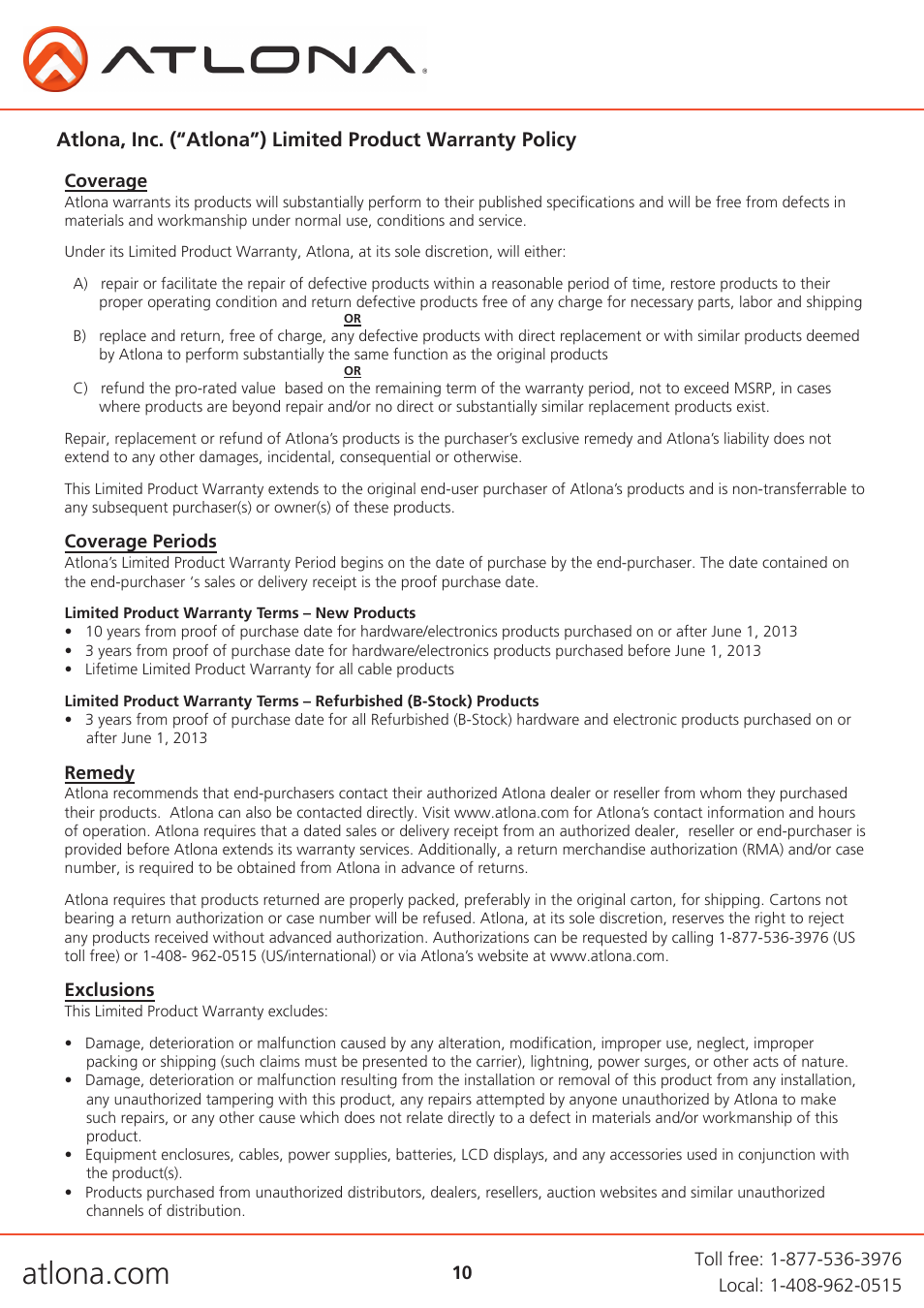 Atlona AT HDCAT V2 User Manual | Page 10 / 11