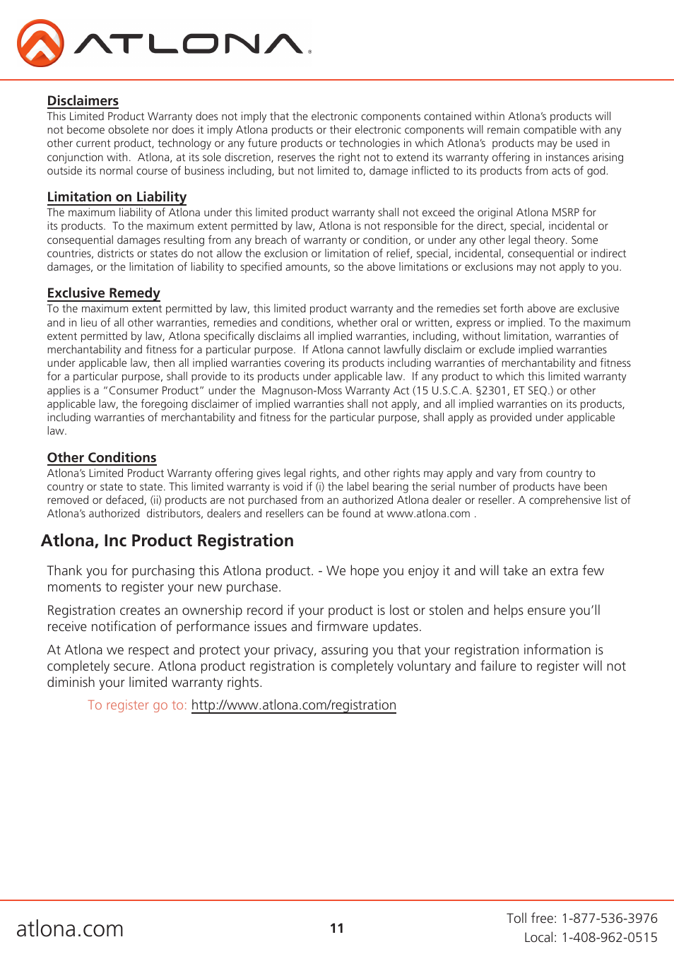 Atlona, inc product registration | Atlona AT HDCAT V2 User Manual | Page 11 / 11