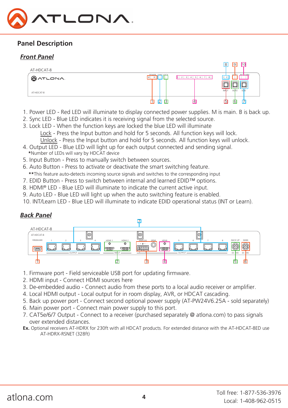 Panel description, Front panel, Back panel | Number of leds will vary by hdcat device | Atlona AT HDCAT V2 User Manual | Page 4 / 11