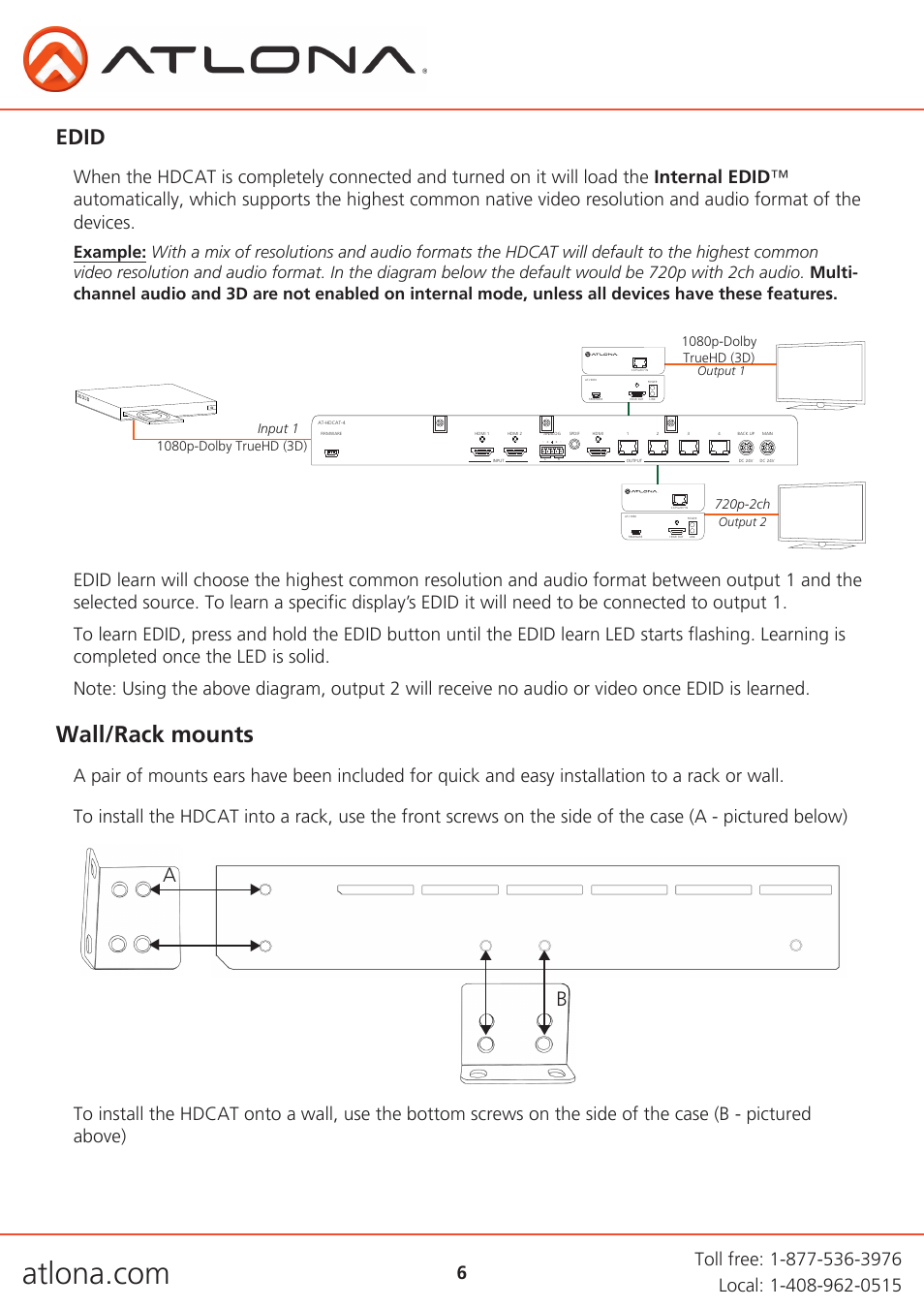 Wall/rack mounts, Edid, Output 2 | Output 1 | Atlona AT HDCAT V2 User Manual | Page 6 / 11